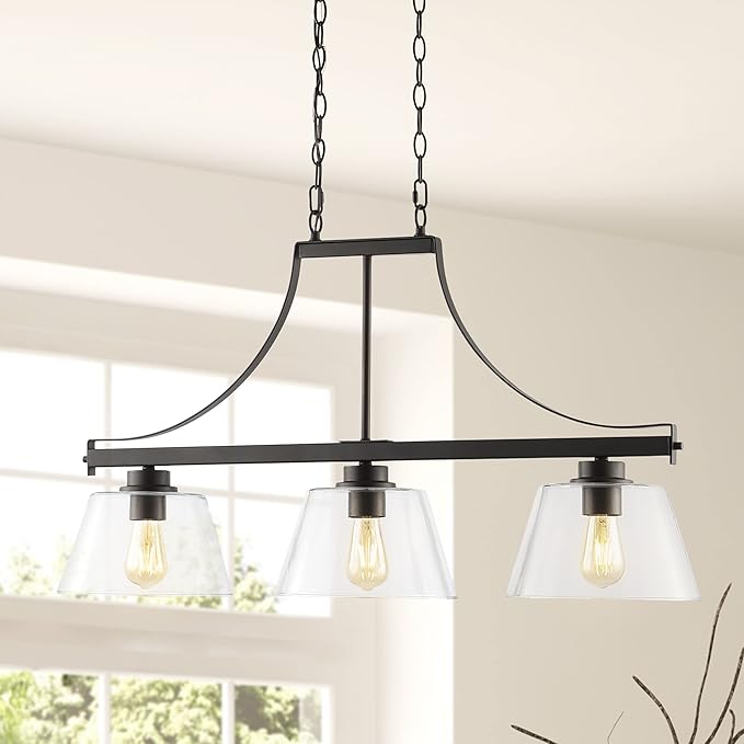 JONATHAN Y 36" Oil Rubbed Bronze 3-Light Iron and Glass Linear Pendant Light, Industrial Farmhouse Fixture for Kitchen Island Dining Room, UL Listed, LED Bulbs Included JYL7590A