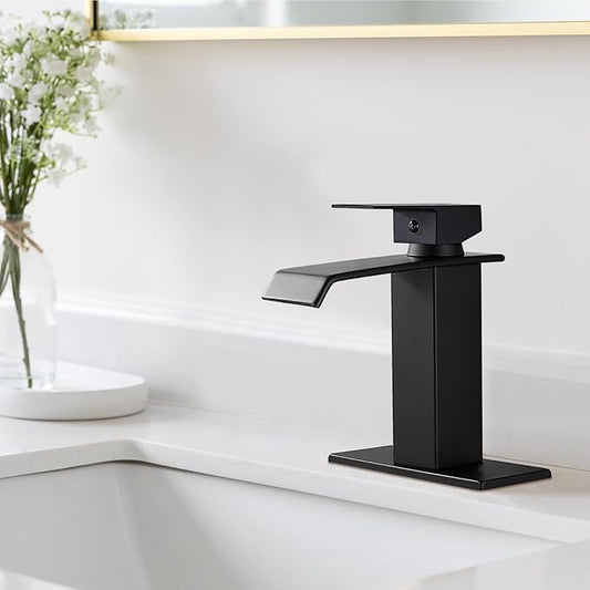 Midanya Waterfall Bathroom Faucets, Single Handle 1 Hole Bathroom Sink Faucet Modern RV Vanity Restroom Lavatory Basin Faucet with Pop Up Drain and Water Supply Lines,Matte Black
