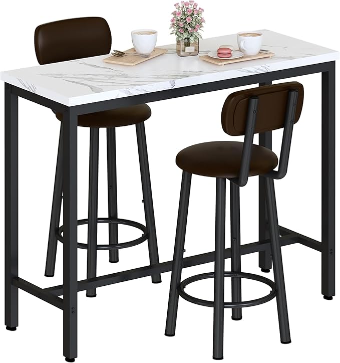 AWQM 3 Piece Bar Table Set of 2,39.3" Pub Bar Table and Chairs Set,Faux Marble Bar Height Table with 2 Backrest Stools,Small Dining Table for 2,Kitchen Table Set for Small Space,White & Brown(2 Set)