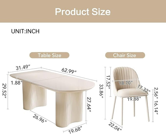 63" White Oval Dining Table Set for 2-6, Sturdy 1.93" Thick Top, 7 Piece Set with 6 Chairs, Modern White Dining Table for Dining Room, Kitchen, Home Office