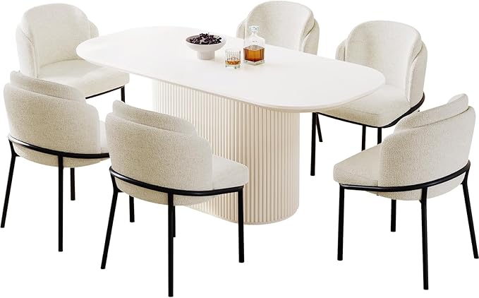 Miuuod 62.99" Large Modern Dining & Kitchen Table Set for Dining Room,with 6 Upholstered Chairs for 6-8 People,Oval Elegant Dining Table,Cream White