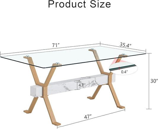 Glass Dining Table 71"|Modern Dining Table for 6-8|0.4" Thick Tempered Glass Top|Wood Pattern Metal Legs|Marble Crossbar|Easy Assembly|Perfect for Dining Room or Kitchen