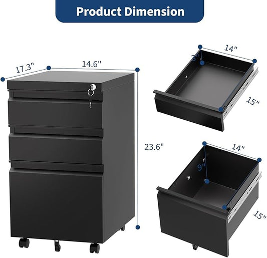 GAOMON 3-Drawer Mobile File Cabinet with Lock, Metal Filing Cabinet on Wheels, Fits Letter/Legal/A4 Files, Space-Saving Under Desk Office Storage Organizer for Home Office, Easy Assembly, Black