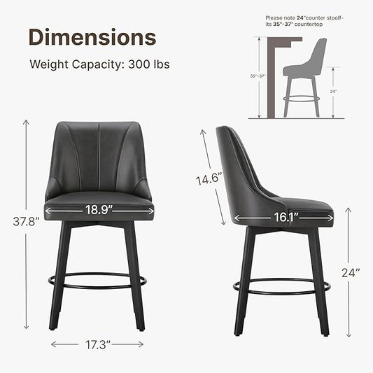 24" Counter Height Bar Stools Set of 2, Swivel Bar Stools with Backs, Faux Leather Upholstered Counter Barstools with Solid Wood Legs for Kitchen Island,Black