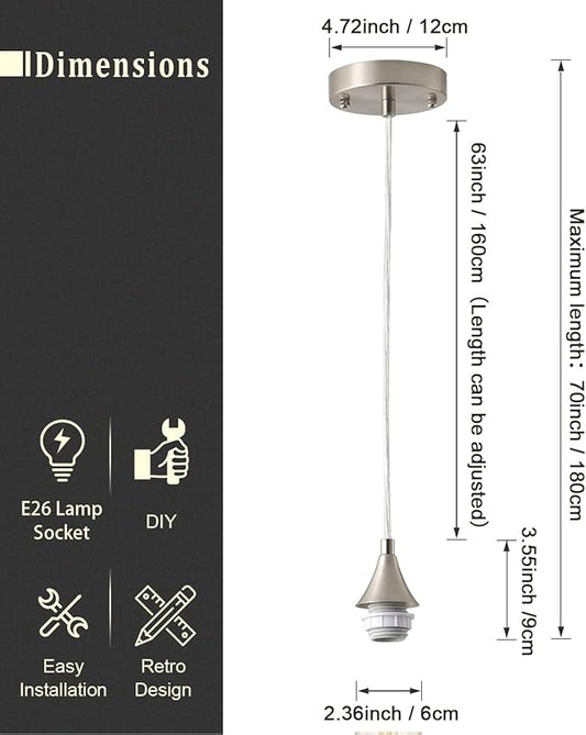 Vintage Brushed Nickel Pendant Light Kit,E26 Lamp Socket DIY Pendant Light Cord,Adjustable Hanging Light Fixtures for Kitchen