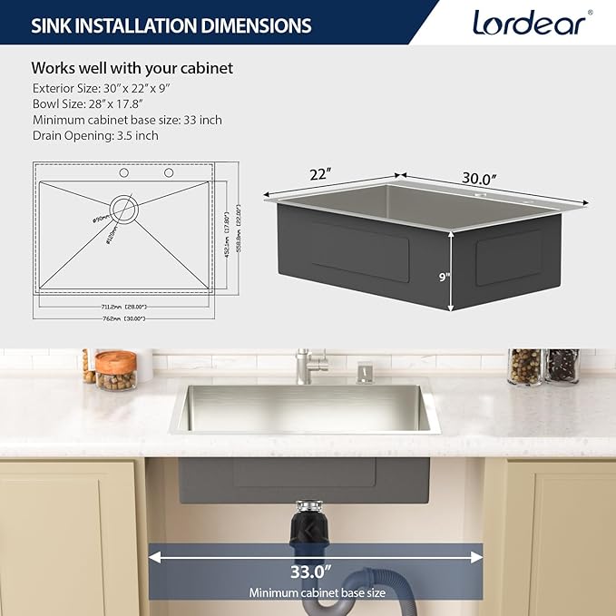 Lordear 30 inch Drop In Kitchen Sink Stainless Steel 16 Gauge Single Bowl Topmount Rectangular Round Corner Kitchen Sinks Overcounter Basin