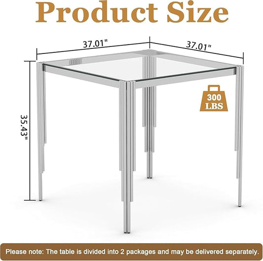 Glass Square Bar Table for 4, 37" Modern High Pub Table with Clear Tempered Glass Top and Polished Silver Stainless Steel Legs, Counter Height Table for Kitchens, Apartments, and Small Spaces