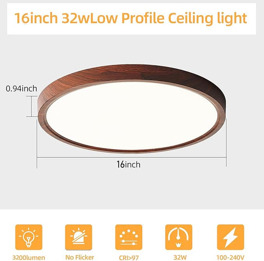 HEYAN Walnut Wood Flush Mount Ceiling Light Fixture,16 Inch Dimmable LED Ceiling Light with 3000K-4000K-6000K Selectable Flat Low Profile Round Ceiling Lights for Bedroom Hallway Laundry (1 Pack)