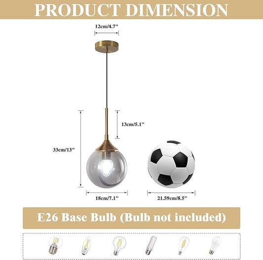 KCO Lighting Modern 1-Light Globe Pendant Light Mid Century Large Single Smoke Glass Hanging Light Brushed Brass Adjustable Pendant Light Fixture for Living Room Kitchen Island