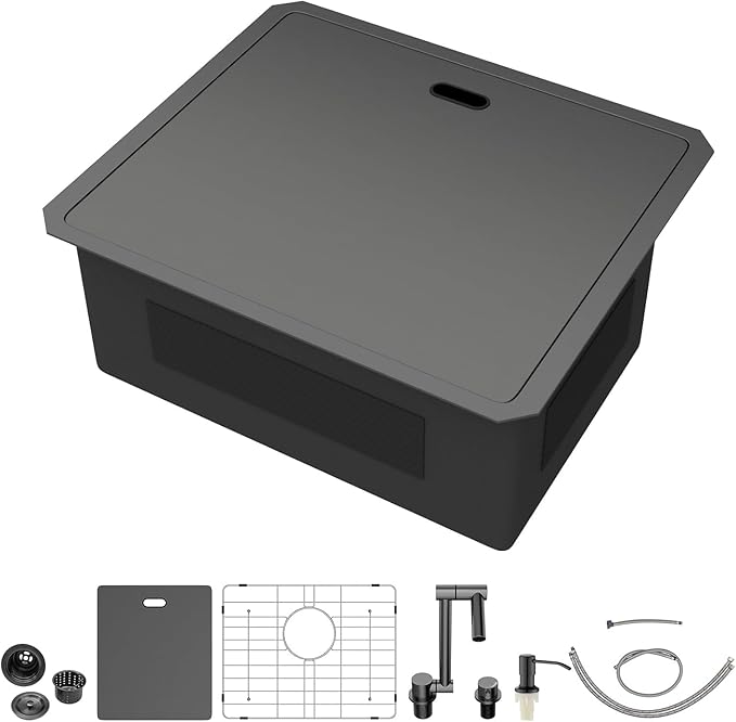 21 Inch Black Undermount Bar Sink Outdoor Kitchen Sink With Cover and Faucet 21x18x9 Inch 16 Gauge Stainless Steel Single Bowl Sink Indoor Outdoor