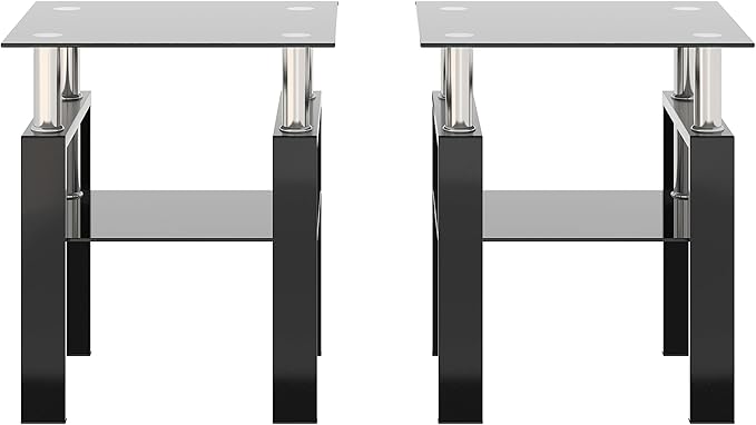 Set of 2 Glass End Table, Glass Side Table with Tempered Glass Top & Metal Legs, Living Room Table Modern Tea Table Side Tables 2-Layer for Living Room