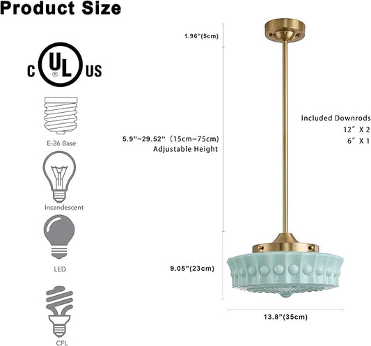FCTWAKS Schoolhouse Pendant Fixtures, 14" Mid Century Modern Brass Gold Milk Green Glass Pendant Light, Adjustable Height, Vintage Ceiling Hanging Lighting for Dining Room,Hallway,Kitchen Island