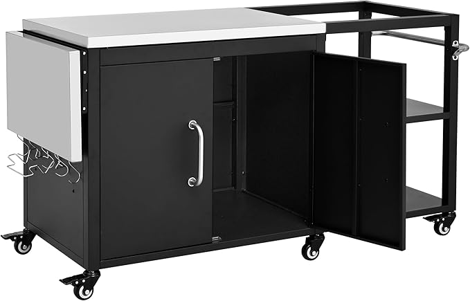 Outdoor Kitchen Island with Storage Cabinet and Adjustable Shelves, Kitchen Island Stainless Steel Top Drop Leaf for Large Big Green Egg, Rolling Cart on Wheels with Hooks & Bottle Opener Grey Blue