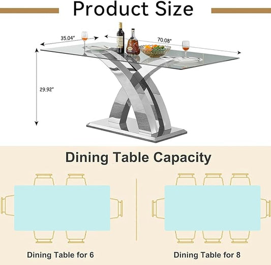 70" Large Glass Dining Table for 4 6 8, Modern Rectangular Glass Top Kitchen Table with Silver X-Design Stainless Steel Base, Luxury Dining Room Table for Dinner Kitchen Dining Room