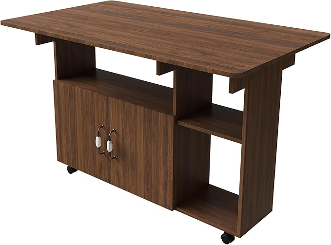 Multi-Functional Folding Dining Table Kitchen Island with Storage Shelves and Wheels, Space Saving Dining Tables Compact Desk for Dining Room, Kitchen, Dorm, Office (Walnut/)