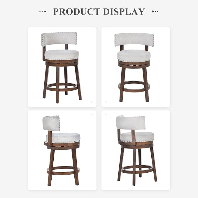 COLAMY Swivel Counter Height Bar Stools Set of 3, 25 Inch Modern Upholstered Kitchen Island Barstools with Back, Wood Swivel Bar Chairs for Dining Room, Beige