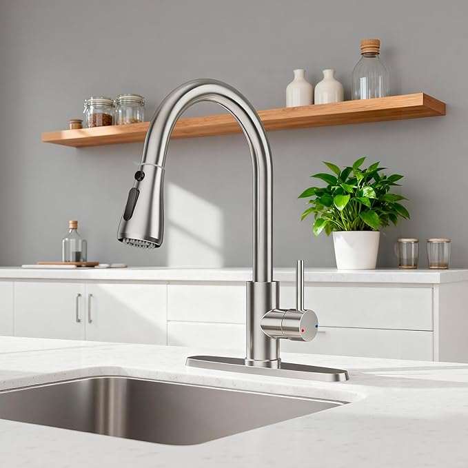 FEELSO Kitchen Faucets with Pull Down Sprayer, High Arc Stainless Steel Single Handle Kitchen Sink Faucet, 1 or 3 Hole Brushed Nickel Water Faucets for Farmhouse Laundry Camper Rv Bar