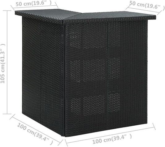Modular Bar Table Black Rattan 39.4 x 19.7 in Top, Steel Frame, 3-Tier Storage, Matte Finish, Indoor Outdoor Counter Height Dining Table for Patio Kitchen Dining Room