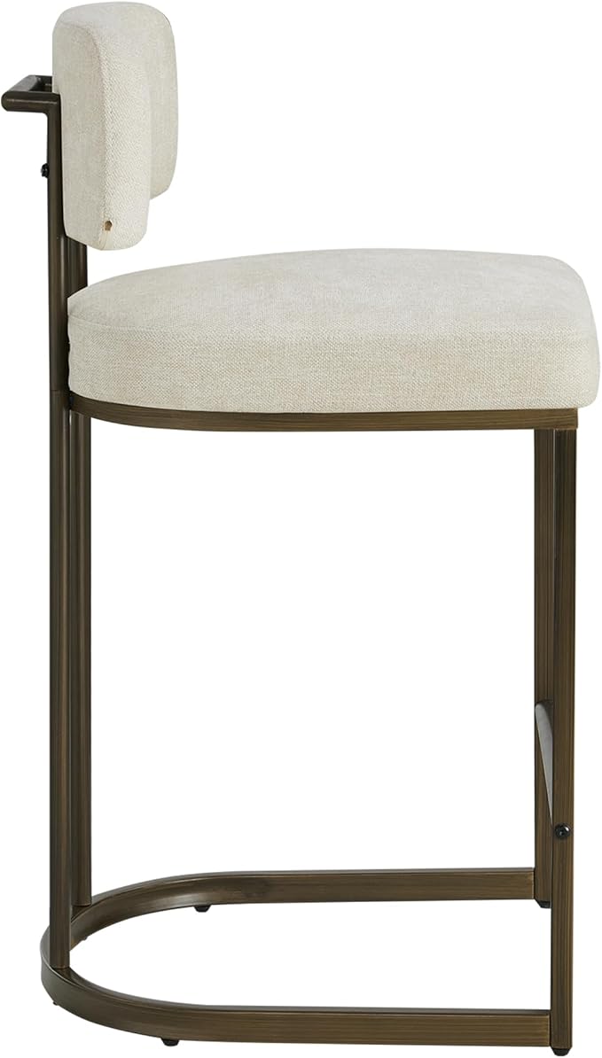 26" H Counter Height Bar Stools Set of 3, Modern Linen Fabric Upholstered Barstools with Backrest for Kitchen Island, Gold Metal Frames, Linen