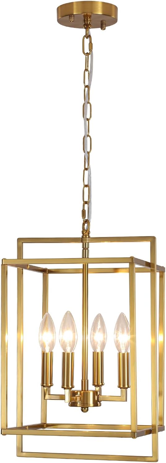 4-Light Gold Lantern Chandelier, Rustic Farmhouse Rectangle Pendant Light, Adjustable Height Modern Dining Room Light Fixture for Kitchen Island Living Room Entryway Foyer 10.8Inch