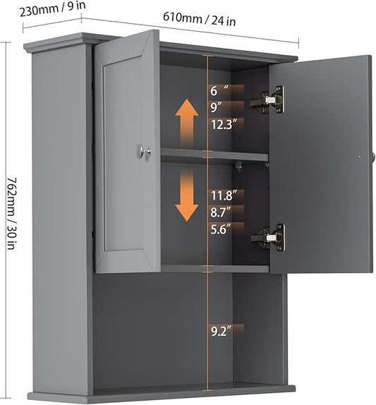VANIRROR Grey Wall Mounted Bathroom Cabinet 24x30 Inch Wooden Over Toilet Storage Cabinet with 2 Doors, Above Toilet Medicine Cabinets for Bathroom Laundry Room Bedroom Kitchen