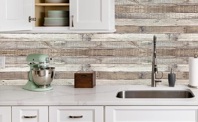 Yun-aeon Natural Wood-Grey Wood Contact Paper Peel and Stick Wallpaper 34.6"x 480"Self Adhesive Removable Vintage Faux Wood Wall Paper Plank Shelf Home Decoration Kitchen Counter Cover Use