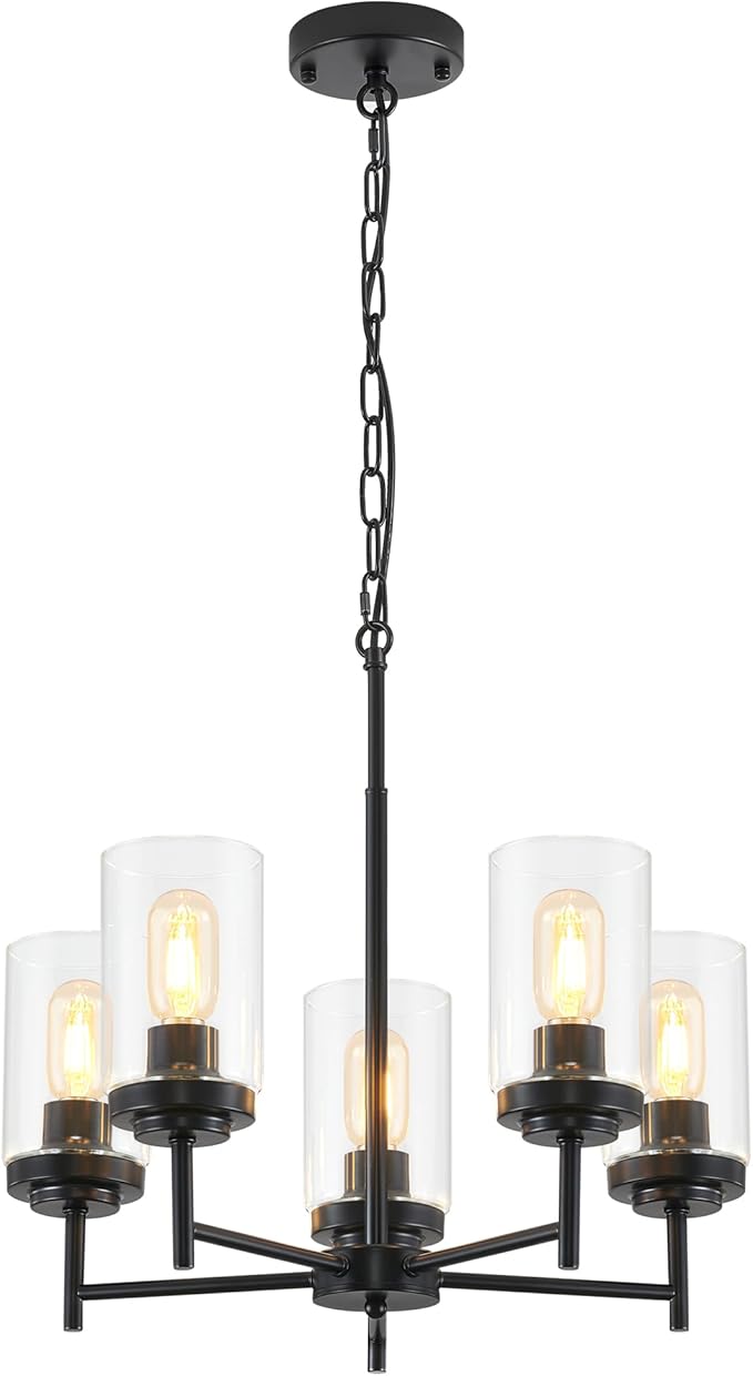 5-Light Farmhouse Glass Chandelier, Modern Black Chandelier for Dining Room Island Lights Industrial Hanging Foyer Lighting Fixtures Chandeliers for Entryway Kitchen Living Room Adjustable Height