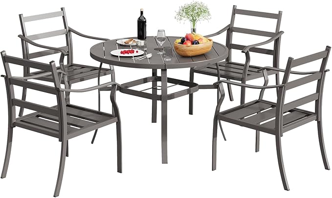 EROMMY 5-Piece Round Outdoor Patio Dining Set, 4 Metal Slat Chairs & Round Table with Umbrella Hole, All-Weather Outdoor Furniture for Backyard, Garden and Poolside
