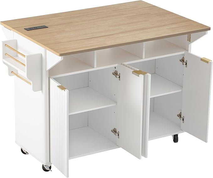 55.5" Fluted Kitchen Island Table with 2 Drop Leaf,Kitchen Storage Cart with Power Outlet,4 Doors,Spice Rack,Rolling Island Table with Faux Marble Top,Curved Edge for Kitchen,Dining Room,White