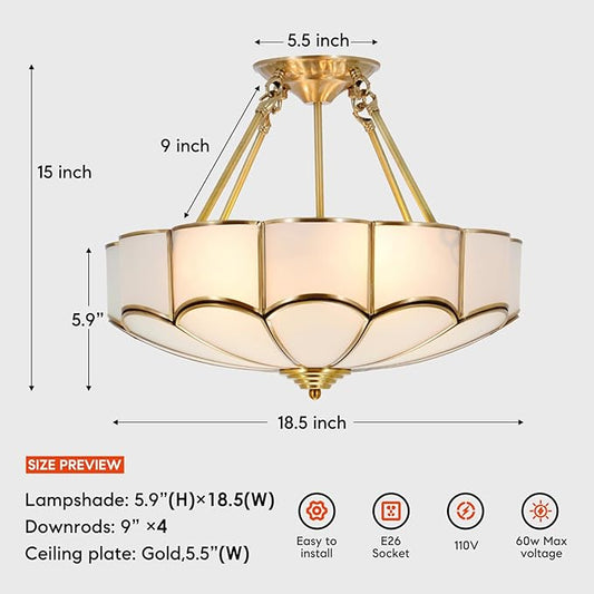 18" Tiffany Pendant Light Fixture, 4-Light Semi Flush Mount Ceiling Light, Vintage Handmade Glass Ceiling Light Fixture for Foyer Entryway Stairway