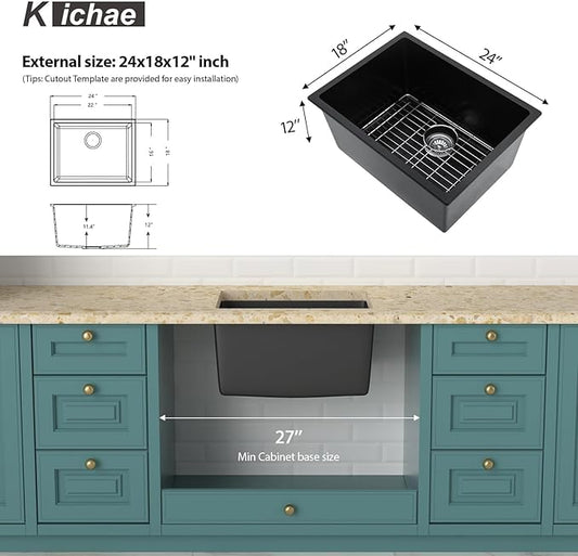 Kichae Deep Laundry Sink Undermount Black - 24"x18"x12" Composite Granite Quartz Undermount Laundry Utility Sink Single Bowl Sink Basin For Laundry Room
