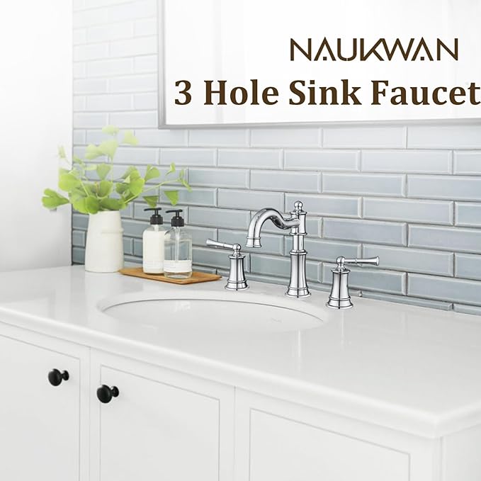 Roman Bathroom Sink-Faucet 3-Holes, Rotated Spout Vanity Basin Faucets 2 Handles 8 inches Widespread Deck Mount Brass Faucet for Sink with Overflow Pop Up Drain Polished Chrome NL2204-CP