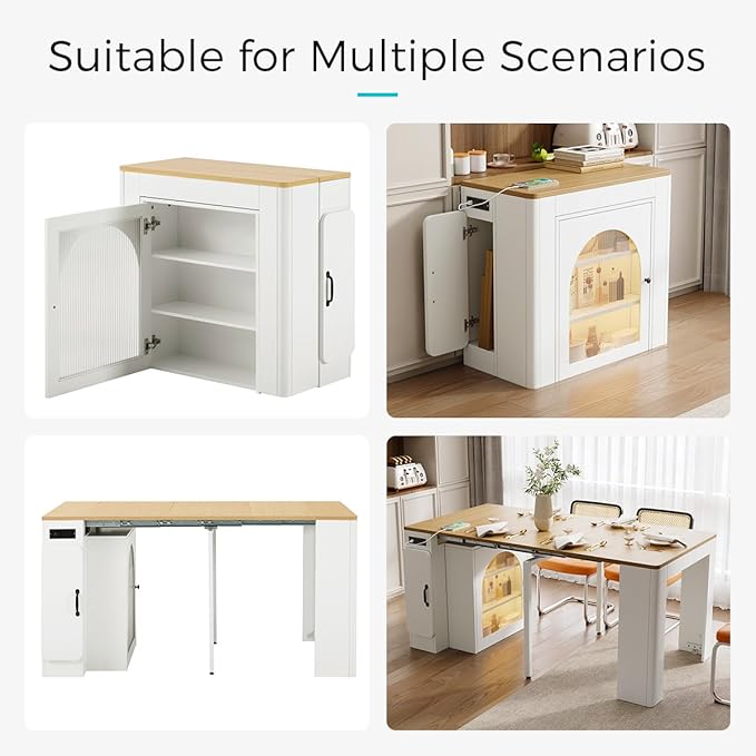 Mobile Extendable Dining Table with 3 Removable Middle Leaves and Power Outlets for 2-5 People, Kitchen Island with Storage Cabinet and Drawers, Kitchen Island Cart for Dining Room (White)