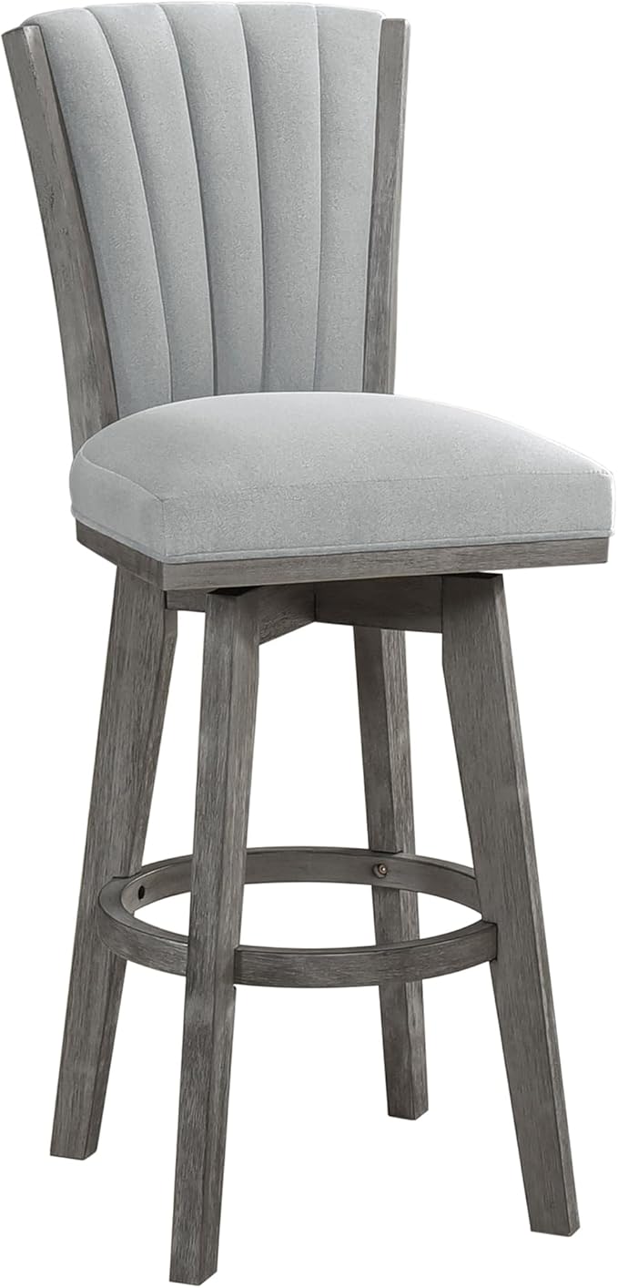 Lexicon Swivel Bar Stools Set of 2, Wood Frame Bar Height Stools with Footrest and Back, for Kitchen Island, Dining Room, 30.5" SH, Grey Finish and Thick Grey Velvet Cushion Seat