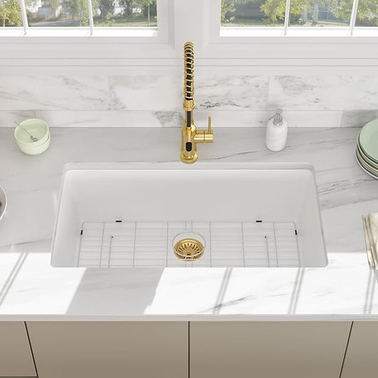 33 Granite Composite Kitchen Sink - Beslend 33x19 Inch Granite Kitchen Sink Undermount White Quartz Sink Classic Under Counter Single Bowl Sink Basin