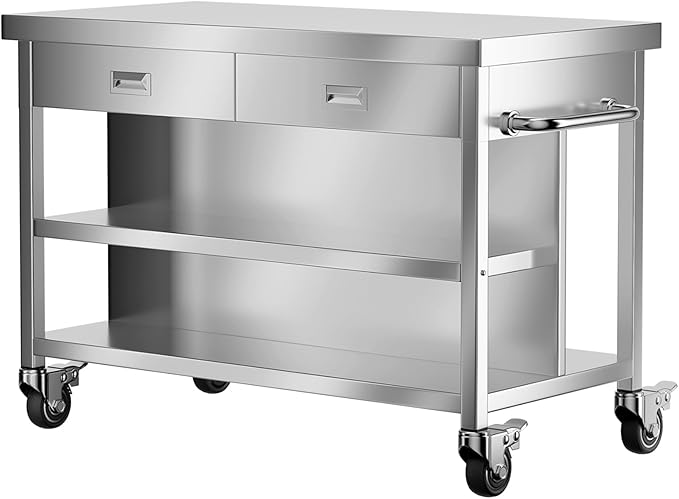 KINGBO 50" Stainless Steel Kitchen Island with Storage, Rolling Kitchen Island Table with 2 Drawers on Wheels, Portable Island Cart for Kitchen, Outdoor, Restaurant, Cafe