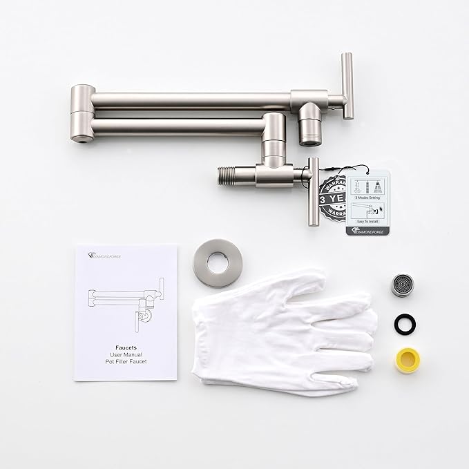 Pot Filler Faucets - for Kitchen, Sink, Stove and Bar with Brass Wall Mount Double Joint Swing Arms - Leak Free Designs with High-Flow Aerators - Retractable and Folding Save Space - Brushed Nickel