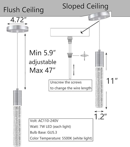 HAIXIANG Set of 2 Pendant Lights for Kitchen Island, White Light, Silver Crystal Linear Pendant Lighting, Bar Corner LED Light Fixture