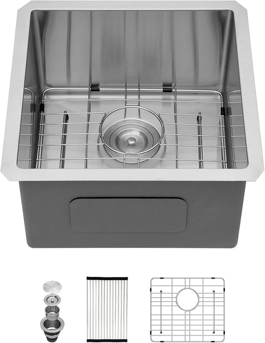17x17 in Undermount Bar Sink Square Wet Bar Prep Sink Stainless Steel 16 Gauge Single Bowl Undermount Deep Kitchen Rv Outdoor Garage Sink Basin
