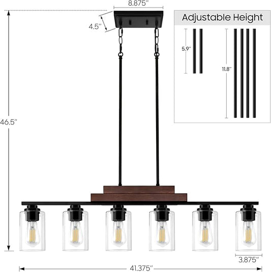Farmhouse Dining Room Light Fixture Over Table, 6-Light Linear Chandeliers for Dining Room Hanging, Black Pendant Lights Kitchen Island Lighting, Wood Ceiling Light Fixture with Clear Glass Shade