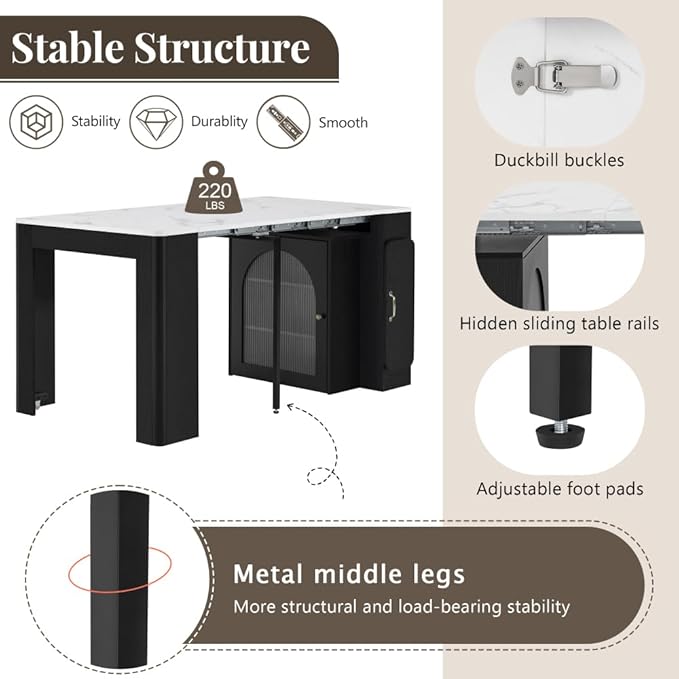 Extendable Drop Leaf Dining Table with Storage, Kitchen Island Cart with Outlet, Rolling Bar Table with Drawers and Glass Door Cabinet for Small Kitchen