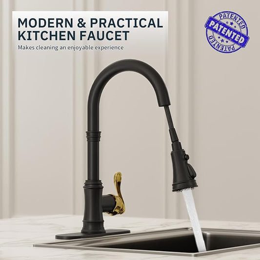 BWE Black Kitchen Faucet with Pull Down Sprayer and Gold Single Handle High Arc 3 Spray Modes Commercial Kitchen Sink Faucet Solid Brass with 10" Deck Plate for Kitchen Sink 1 or 3 Holes