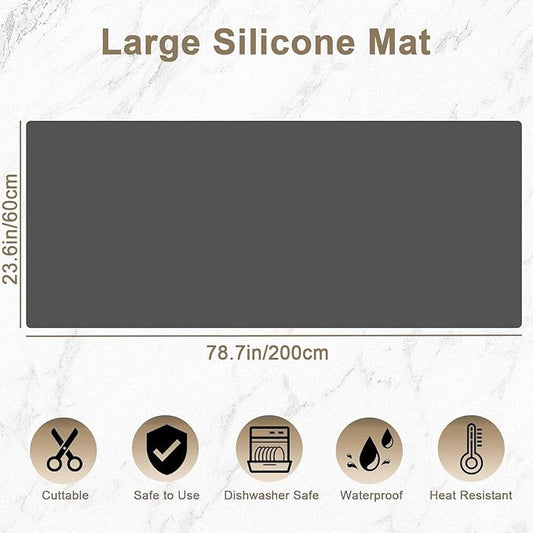 78.7"x23.6" Large Silicone Mat for Kitchen Counter, Heat Resistant Non-Slip Countertop Protector, Waterproof Silicone Craft Mat for Kitchen Island, Black