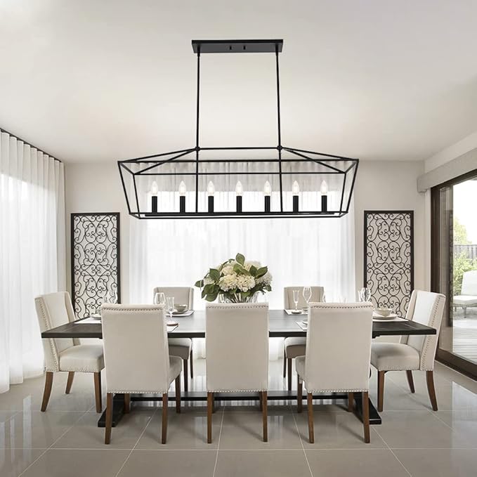 MELUCEE 7-Light Dining Room Light Fixtures Over Table, Farmhouse Chandelier Light Fixture Black Industrial Linear Pendant Lights Kitchen Island Candle Lantern Chandelier, E12 Base