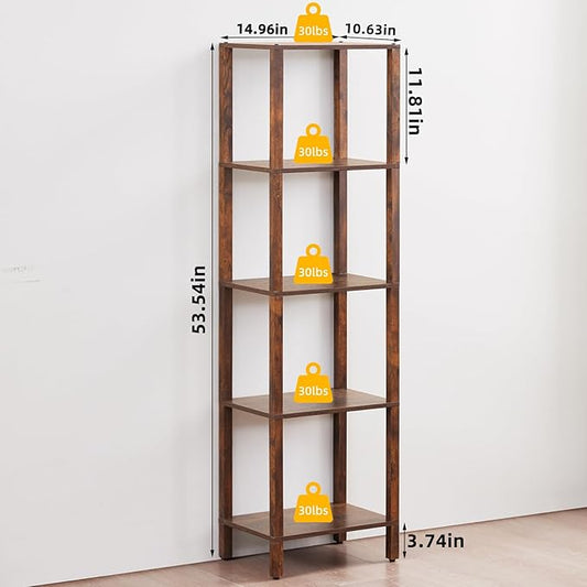 YUFAM 54in Tall Bookshelf 5-Tier Small Narrow Bookcase, Skinny Book Shelf for Small Space, Farmhouse Slim Shelf with Storage, Wood Freestanding Display Thin Bookshelves for Living Room, Office, Brown