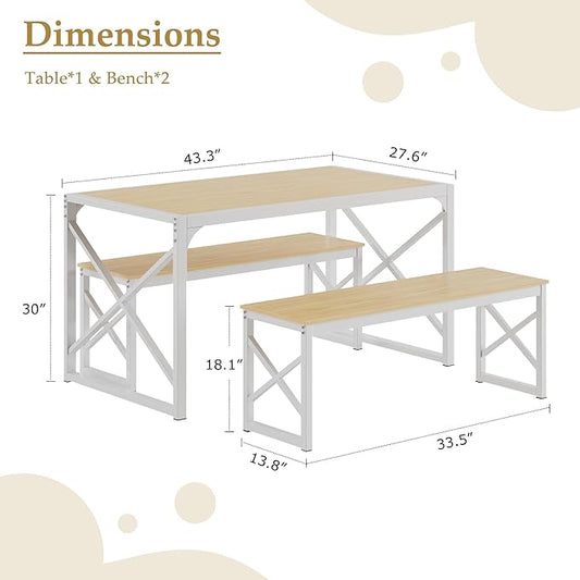 VECELO Kitchen Dining Table Benches Set for 4/6, 55" Wooden Dinette with 2 Benches, Large Embedded Desktop for Small Space, Breakfast Nook, Natural Oak