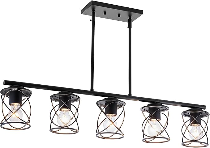 mavcadonf 5-Light UL Certified Farmhouse Linear Pendant Light, Black Metal Adjustable Kitchen Island Light with Sloped Ceiling Compatible, Dimmable Hanging Light for Dining Room Living Room Foyer