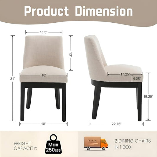 HNY Modern Dining Chairs Set of 4 with Comfortable Back Support, Farmhouse Soft Linen Upholstered Dining Room Chairs with Black Solid Wood Legs, Armless Kitchen Side Chairs for Living Room, Beige