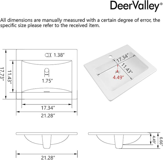 DeerValley Compact Rectangle Drop-In Sink 21x18 Inch, White Ceramic Bathroom Basin with Overflow Guard