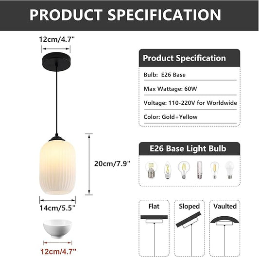 Small Milk Glass Pendant Light Fixture Black and White Pendant Light Glass Cylinder Pendant Lights Kitchen Island Single Hanging Light for Bedroom(2 Pack)